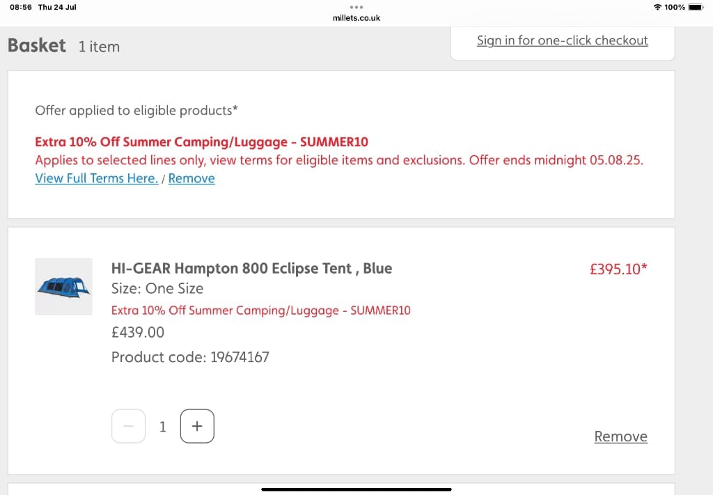 Screenshot of the Millets discount code working