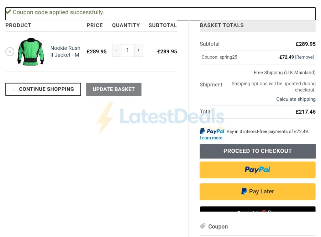 Screenshot of the Nookie discount code working