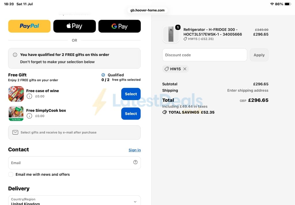 Screenshot of the Hoover discount code working