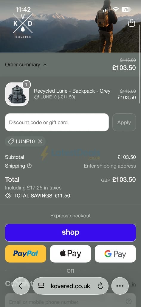 Screenshot of the KOVERED discount code working