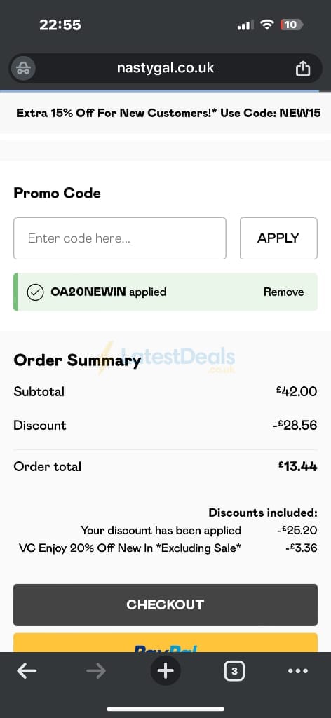 Screenshot of the Nasty Gal discount code working