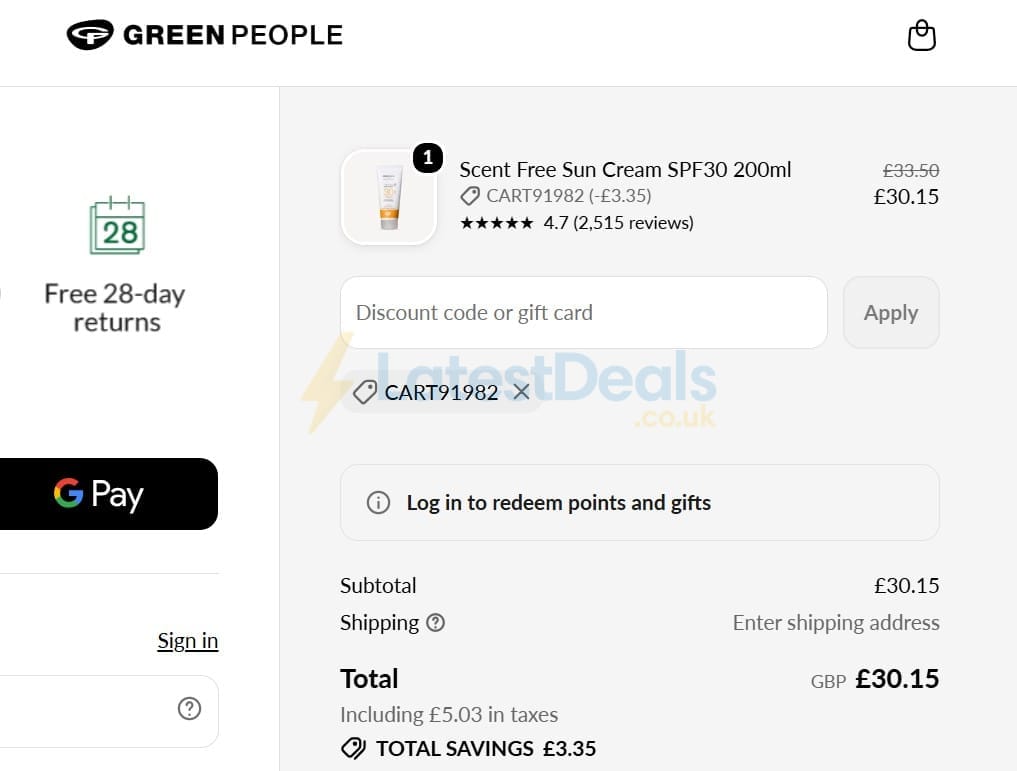 Screenshot of the Green People discount code working