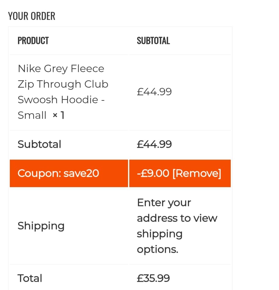 Screenshot of the Rainy Days discount code working