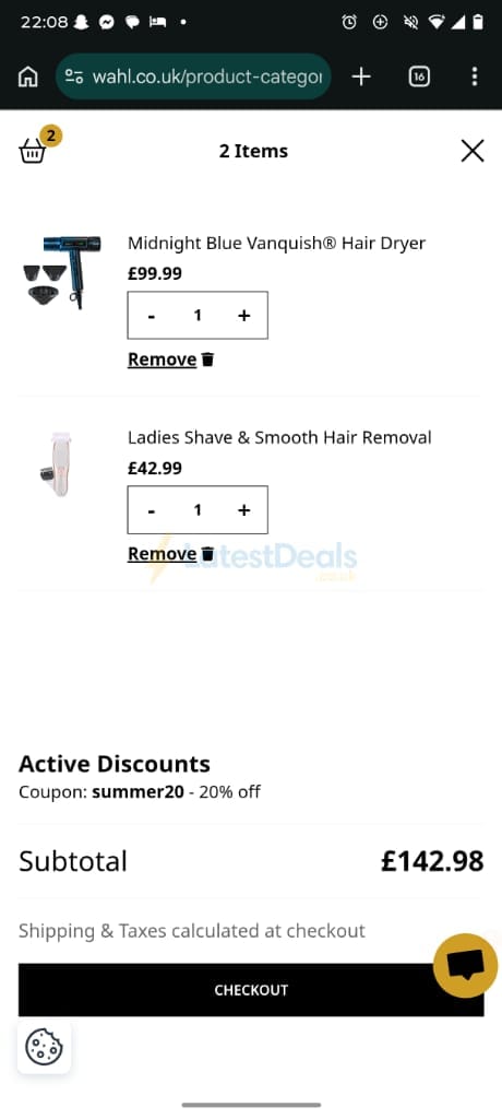 Screenshot of the Wahl discount code working