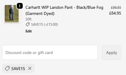 Screenshot of the Route One discount code working