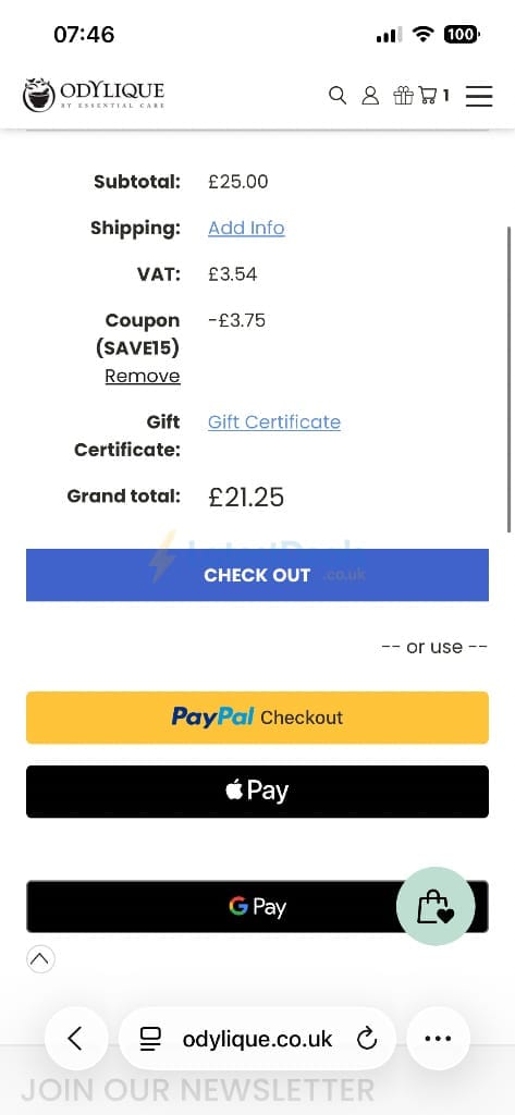 Screenshot of the Odylique discount code working