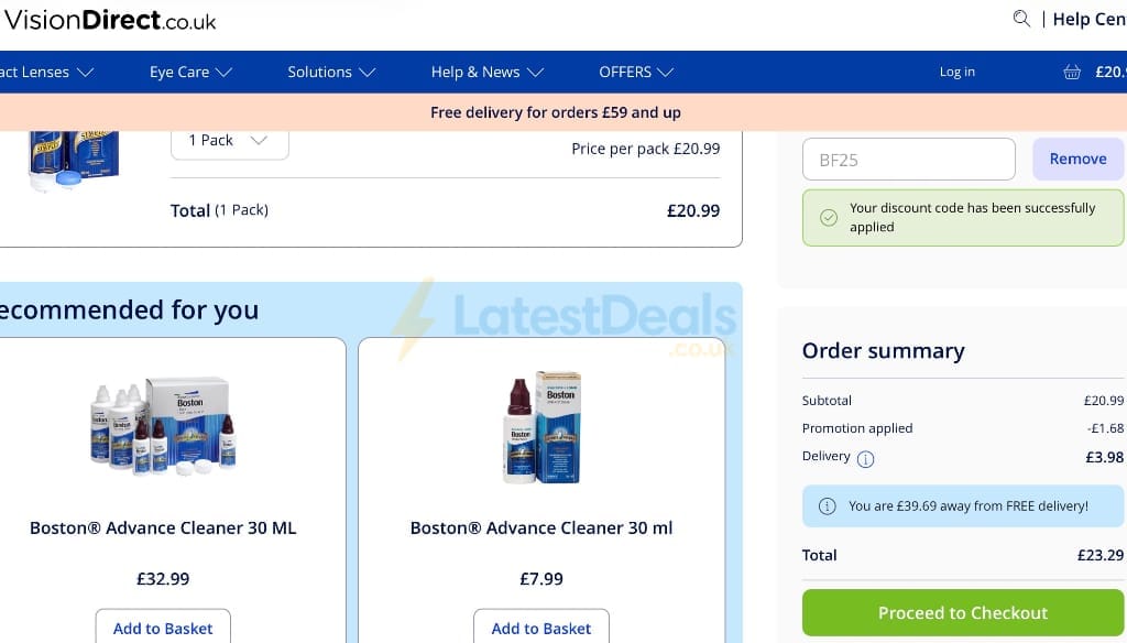 Screenshot of the Vision Direct discount code working