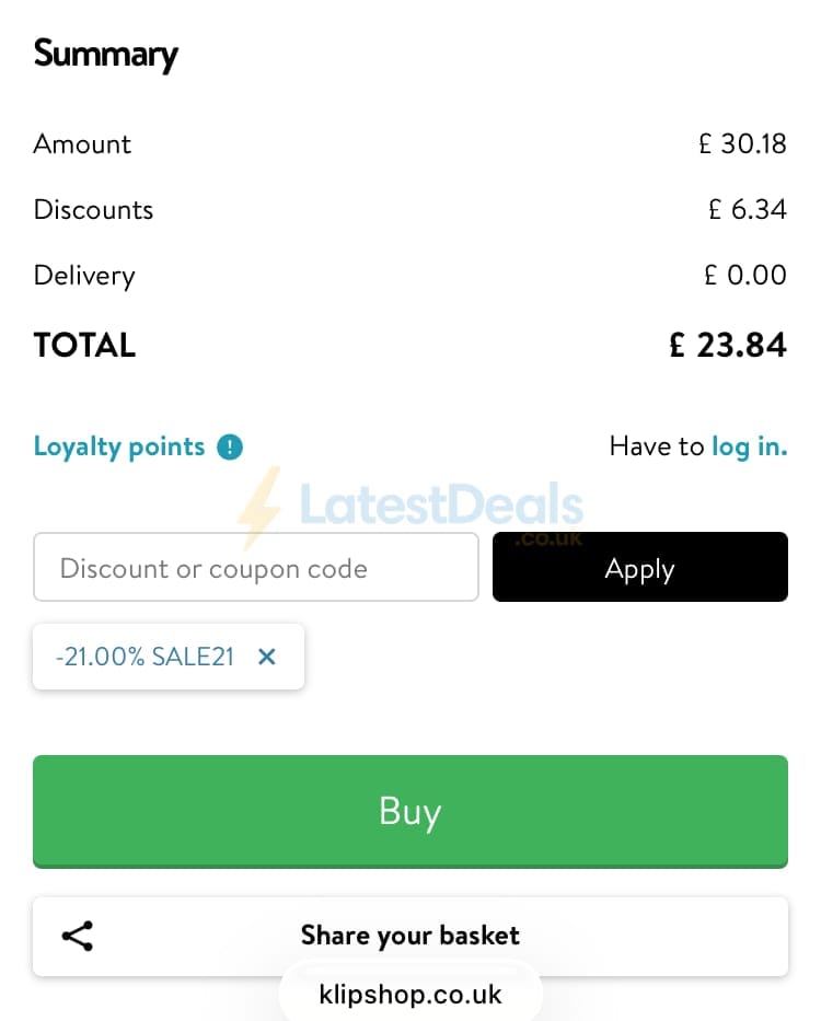Screenshot of the KlipShop discount code working