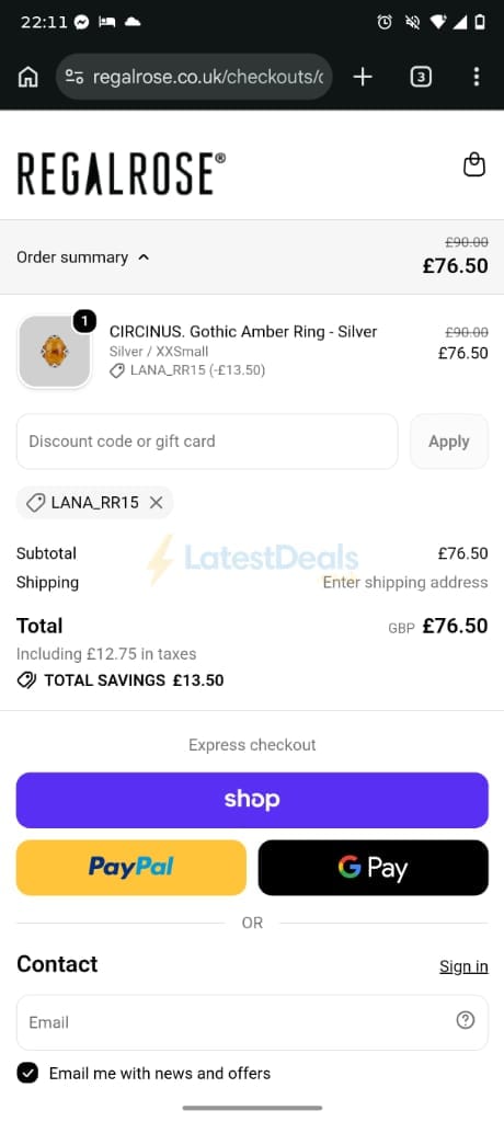 Screenshot of the REGALROSE discount code working