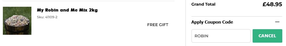 Screenshot of the Ivel Valley Bird Food discount code working