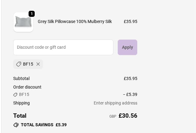 Screenshot of the Silk Pillowcase discount code working