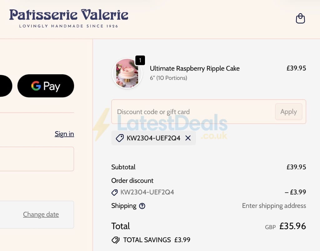 Screenshot of the Patisserie Valerie discount code working