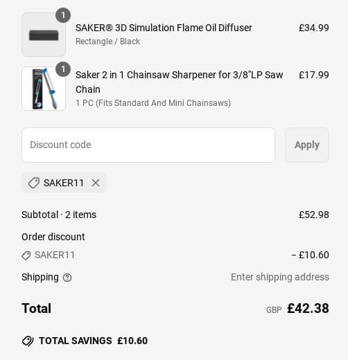 Screenshot of the SAKER discount code working