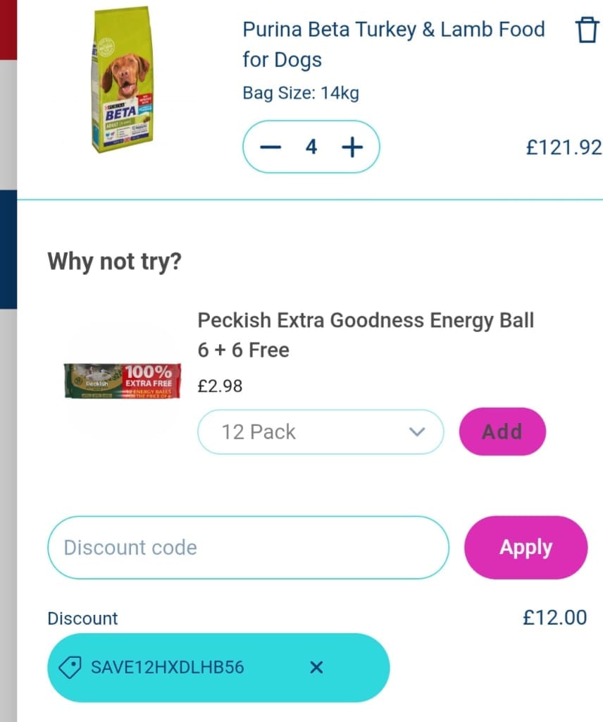 Screenshot of the Petwell discount code working