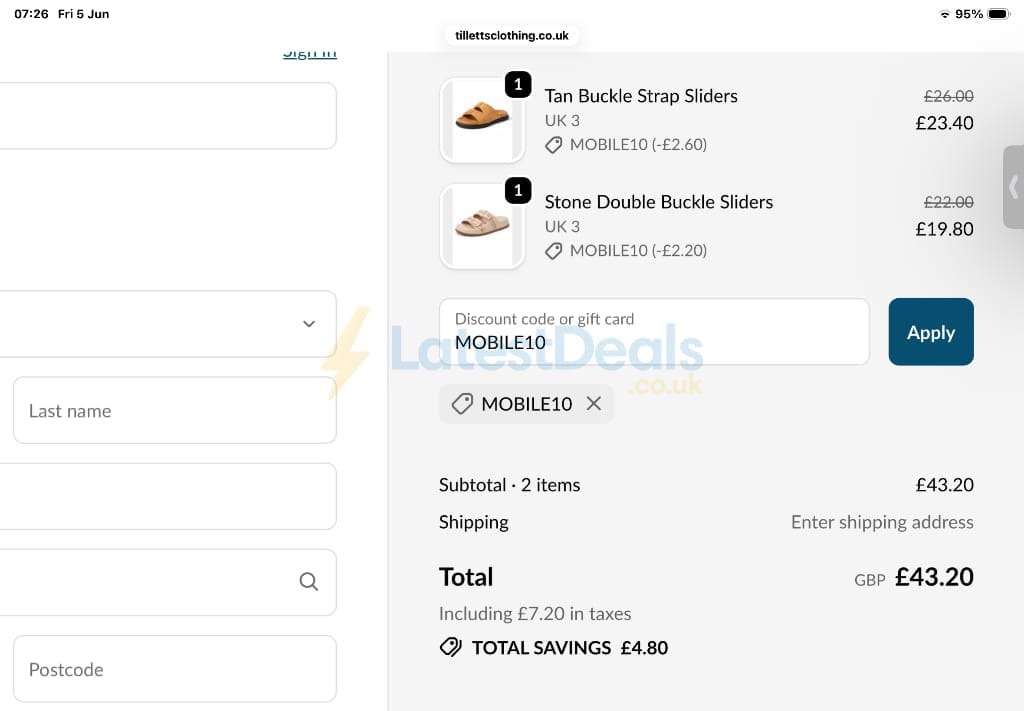 Screenshot of the Tilletts discount code working