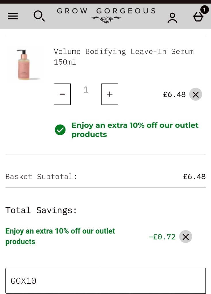 Screenshot of the Grow Gorgeous discount code working