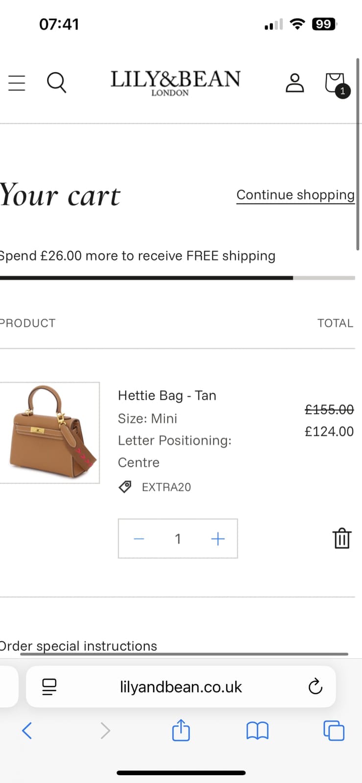 Screenshot of the Lily and Bean discount code working