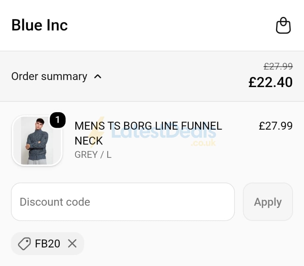 Screenshot of the Blue Inc discount code working