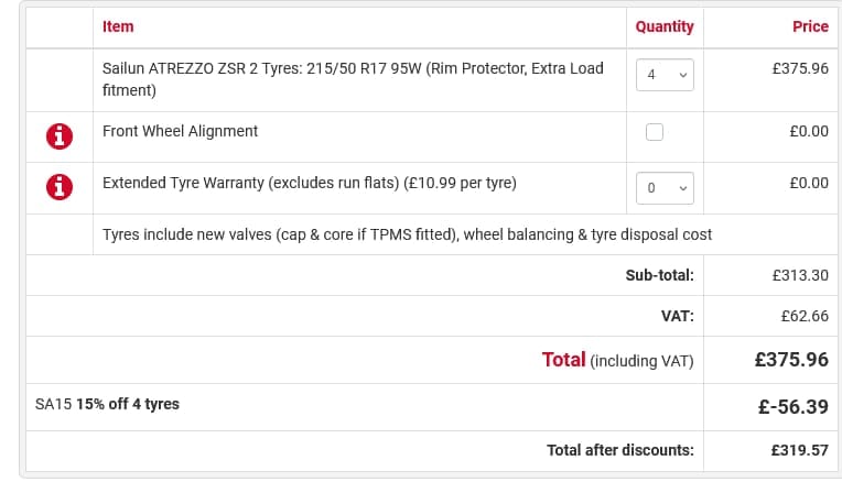 Screenshot of the National Tyres and Autocare discount code working