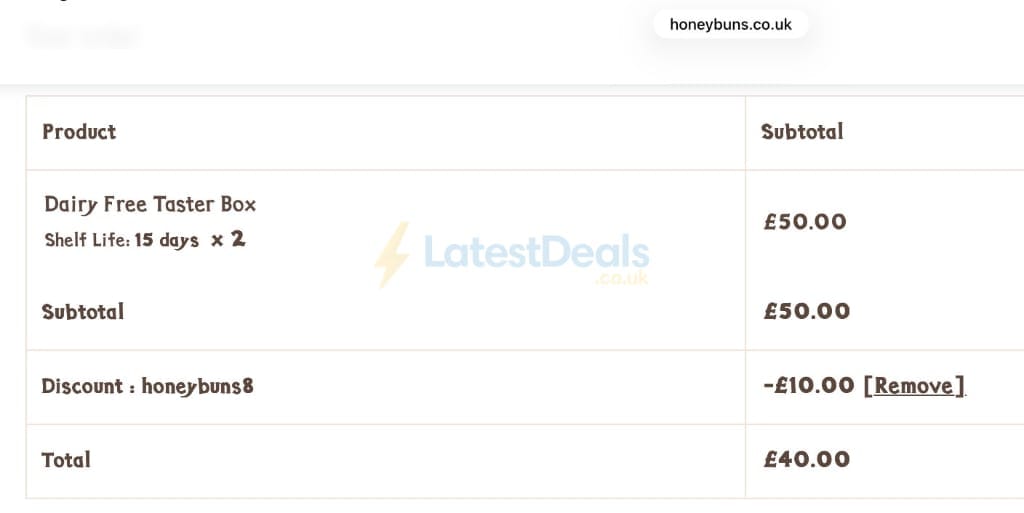 Screenshot of the Honeybuns discount code working