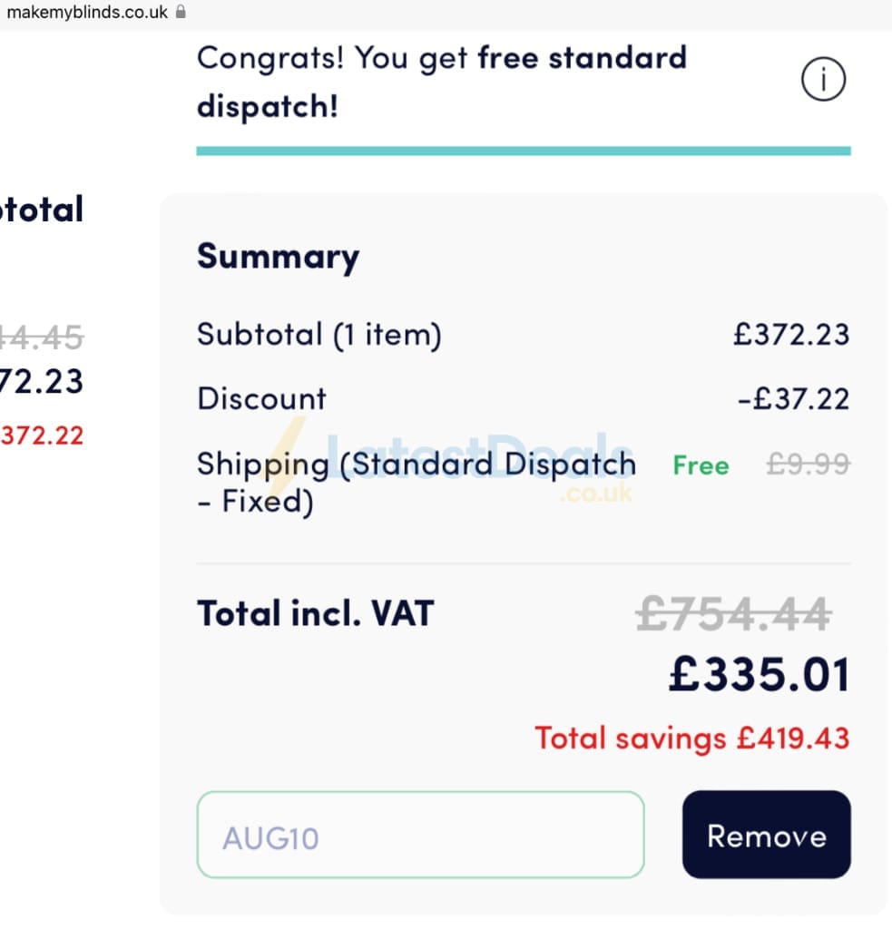Screenshot of the Make My Blinds discount code working