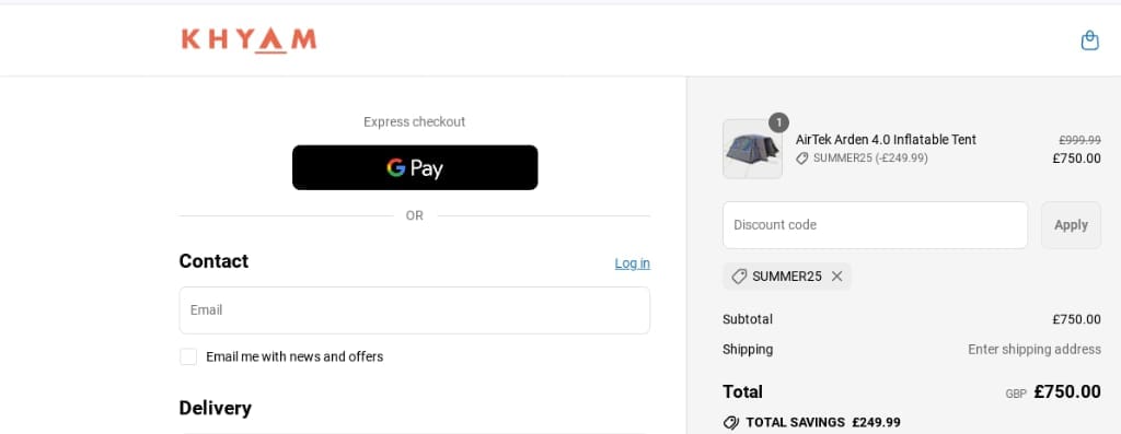Screenshot of the Khyam discount code working