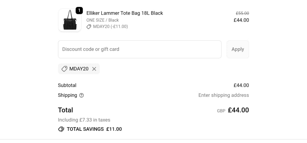 Screenshot of the Parasol Store discount code working