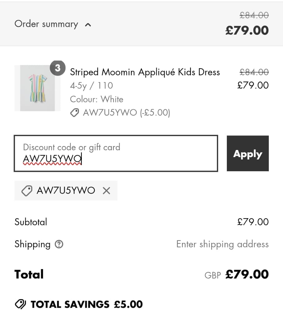 Screenshot of the Polarn O. Pyret discount code working