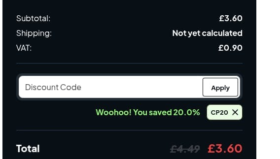 Screenshot of the Vapestore UK discount code working