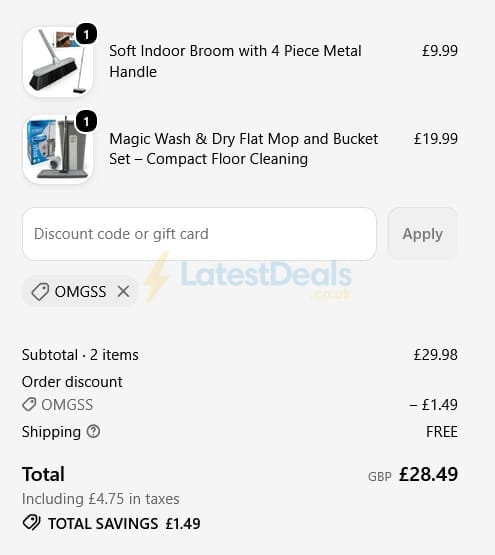Screenshot of the The Dustpan and Brush Store discount code working