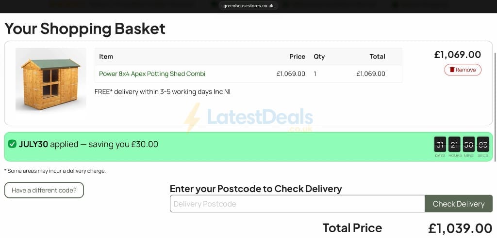 Screenshot of the Greenhouse Stores discount code working