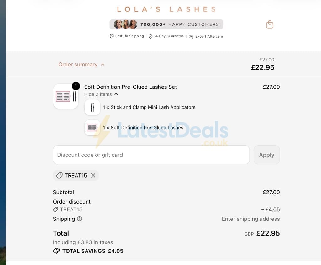 Screenshot of the Lola's Lashes discount code working
