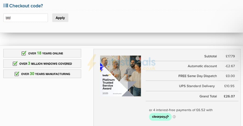 Screenshot of the Unbeatable Blinds discount code working
