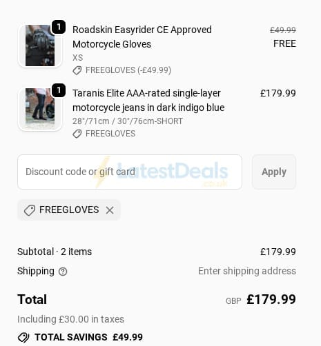 Screenshot of the Roadskin discount code working