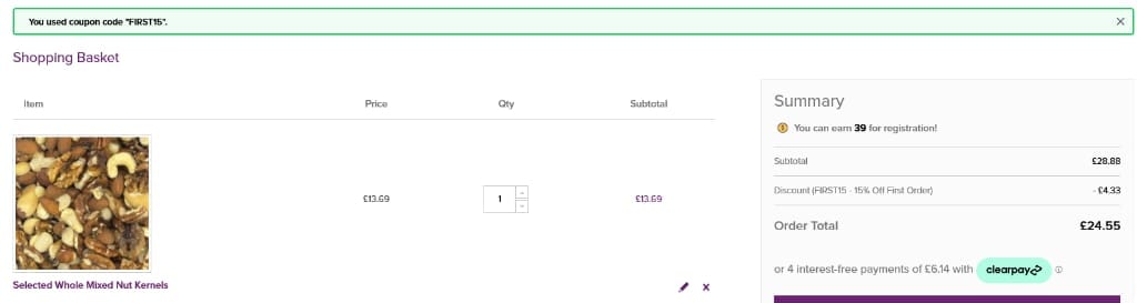 Screenshot of the Grape Tree discount code working