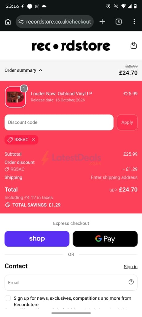 Screenshot of the Recordstore discount code working