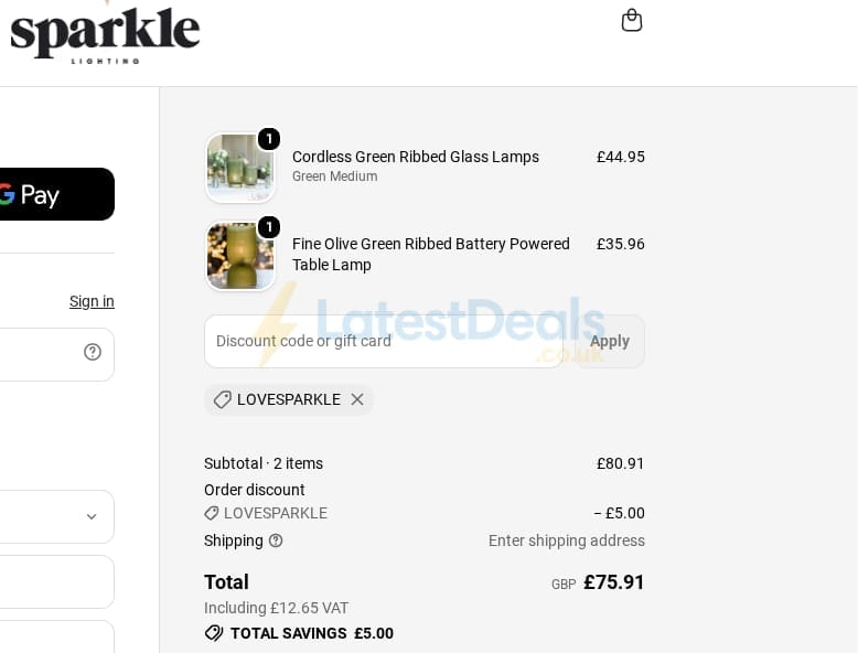 Screenshot of the Sparkle discount code working