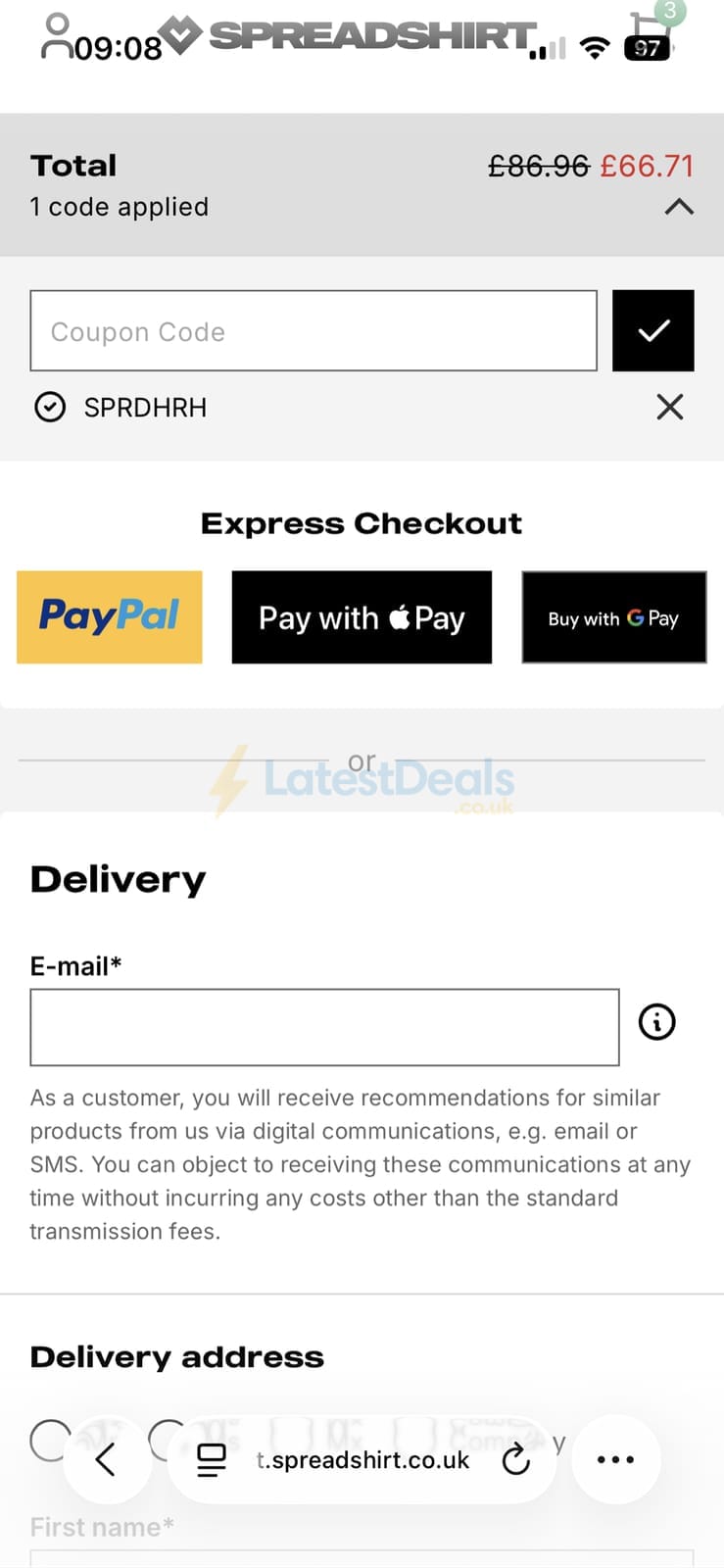 Screenshot of the Spreadshirt discount code working