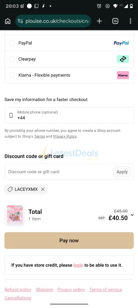 Screenshot of the P. Louise discount code working