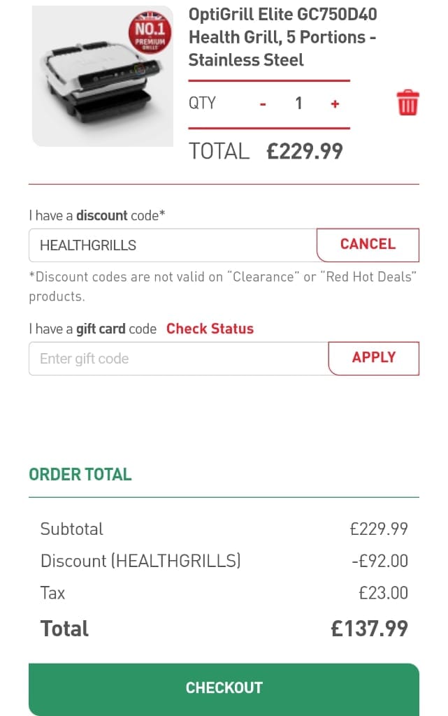 Screenshot of the Tefal discount code working