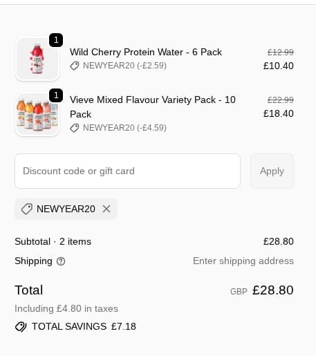 Screenshot of the Vieve discount code working