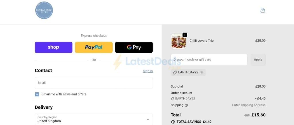 Screenshot of the Ross & Ross Gifts discount code working