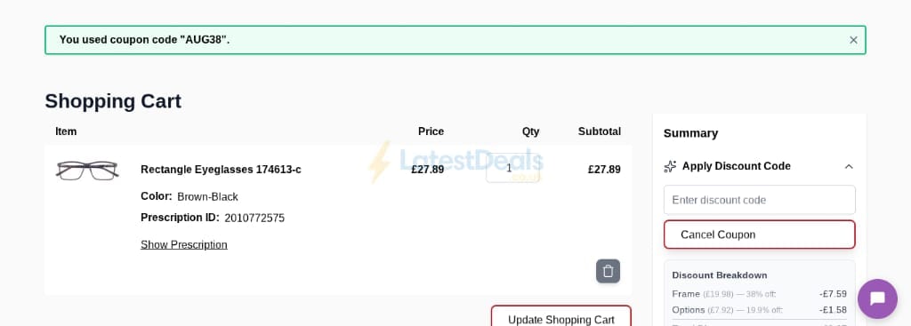 Screenshot of the Goggles4u discount code working