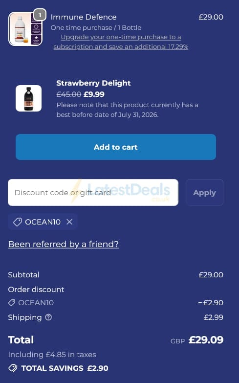 Screenshot of the Reverse Life discount code working