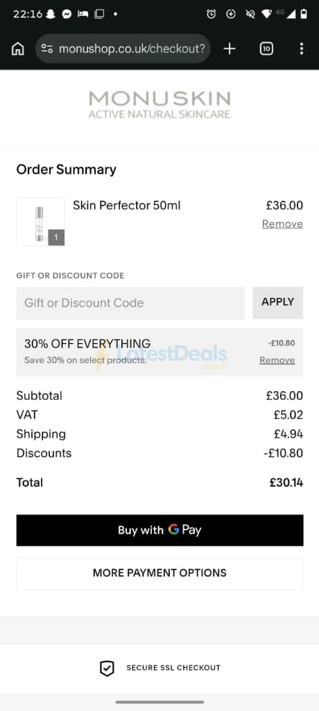Screenshot of the Monu Shop discount code working