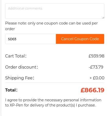 Screenshot of the XP-Pen discount code working