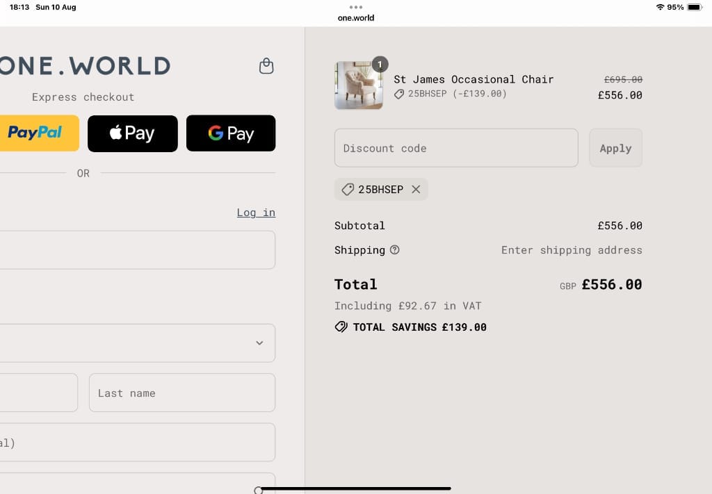Screenshot of the One World Trading discount code working