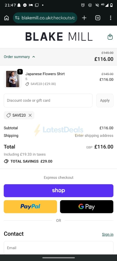 Screenshot of the Blake Mill discount code working