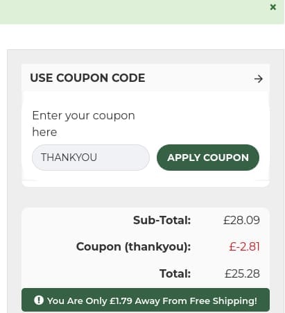 Screenshot of the Raw Powders discount code working