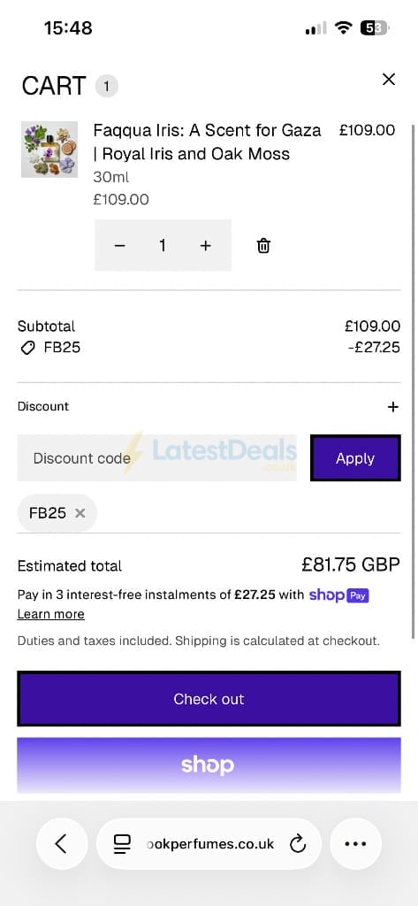 Screenshot of the Rook Perfumes London discount code working